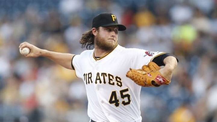 Aug 26, 2014; Pittsburgh, PA, USA; Pittsburgh Pirates starting pitcher Gerrit Cole (45) delivers a pitch against the St. Louis Cardinals during the first inning at PNC Park. Mandatory Credit: Charles LeClaire-USA TODAY Sports